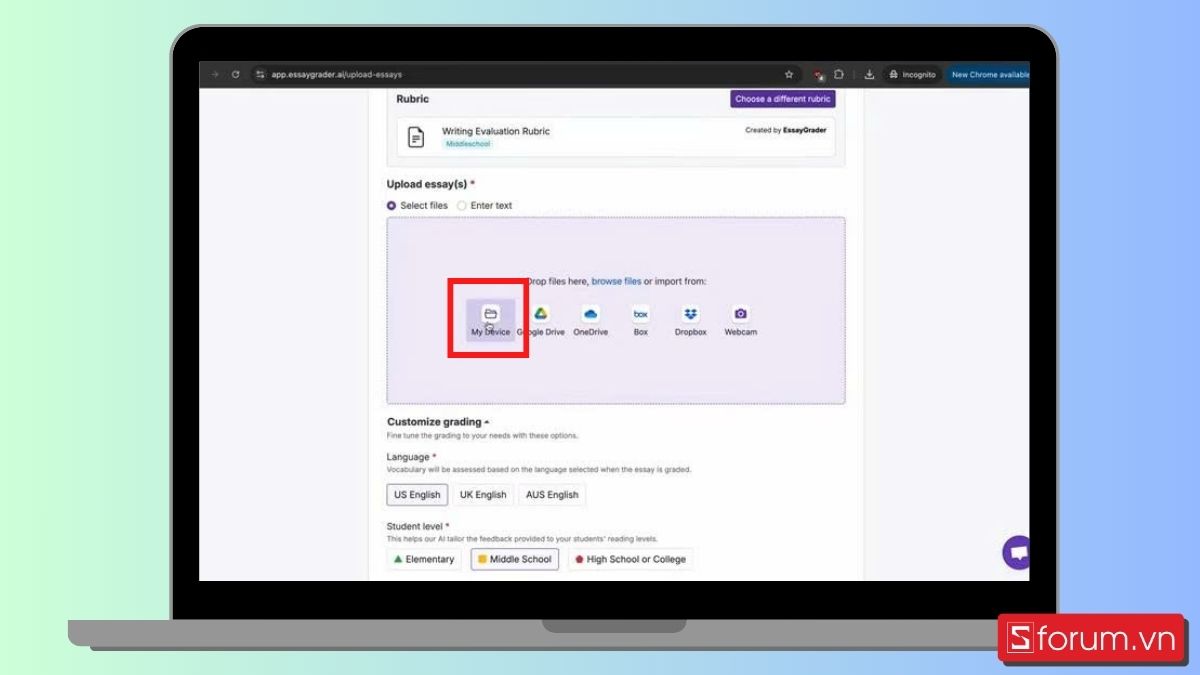 Ở mục Upload Essay(s), bạn tải file bài làm từ máy tính My Device.
