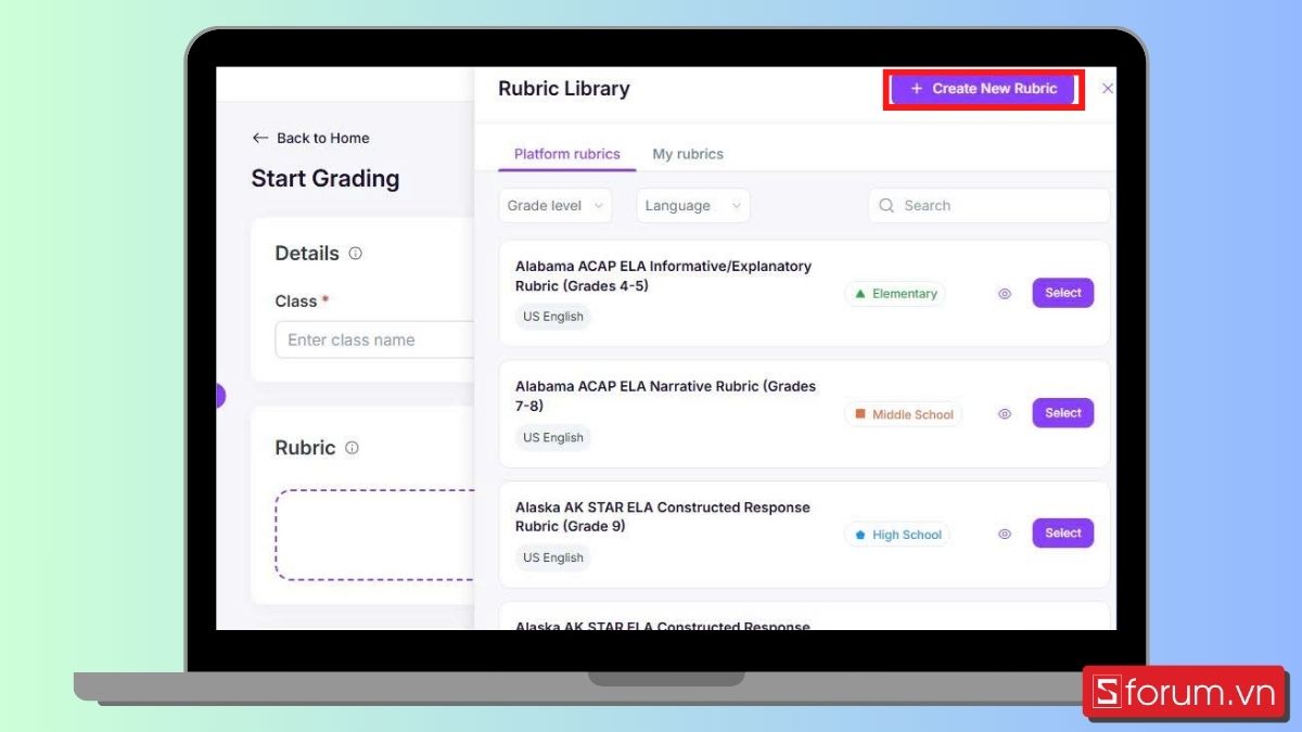 Bạn bấm chọn mục Rubric, chọn Create New Rubric