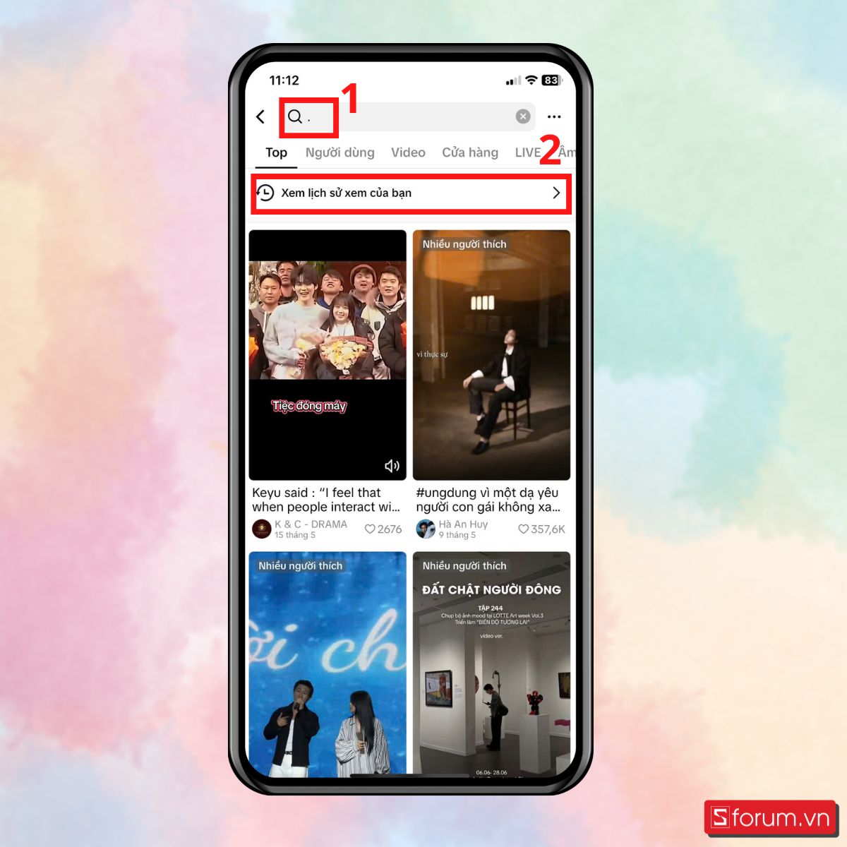 Bước 1: Gõ dấu . ở thanh tìm kiếm TikTok và chọn Xem lịch sử xem của bạn