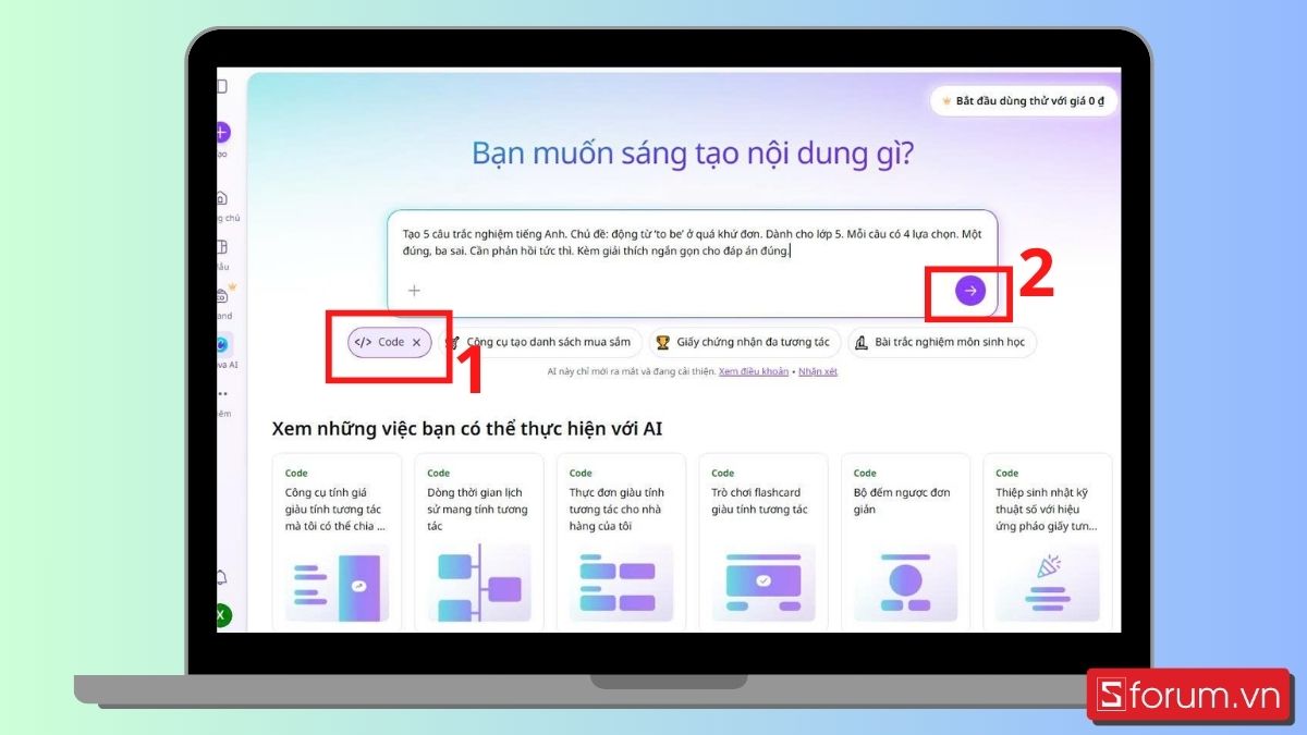 Bước 3: Sử dụng tính năng Code
