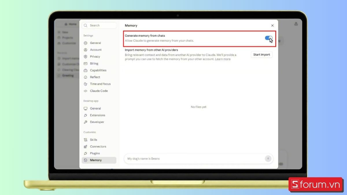 Bước 3: Tắt thiết lập Generate memory from chat history