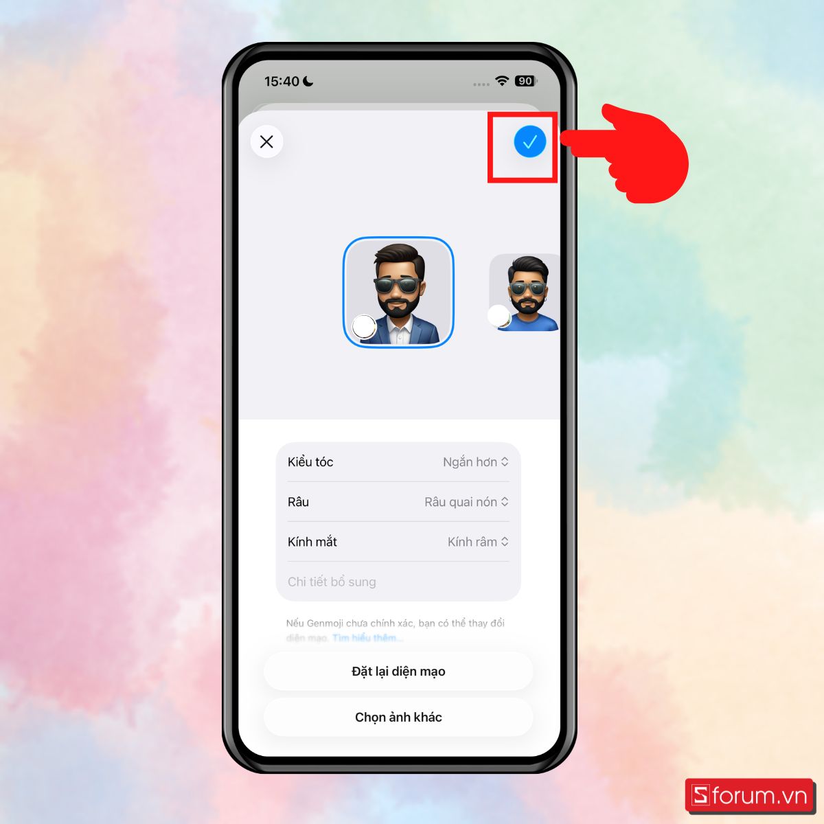 Cách tạo gemoji động cá nhân hóa với Apple Intelligence - Bấm dấu tích xanh để lưu lại.