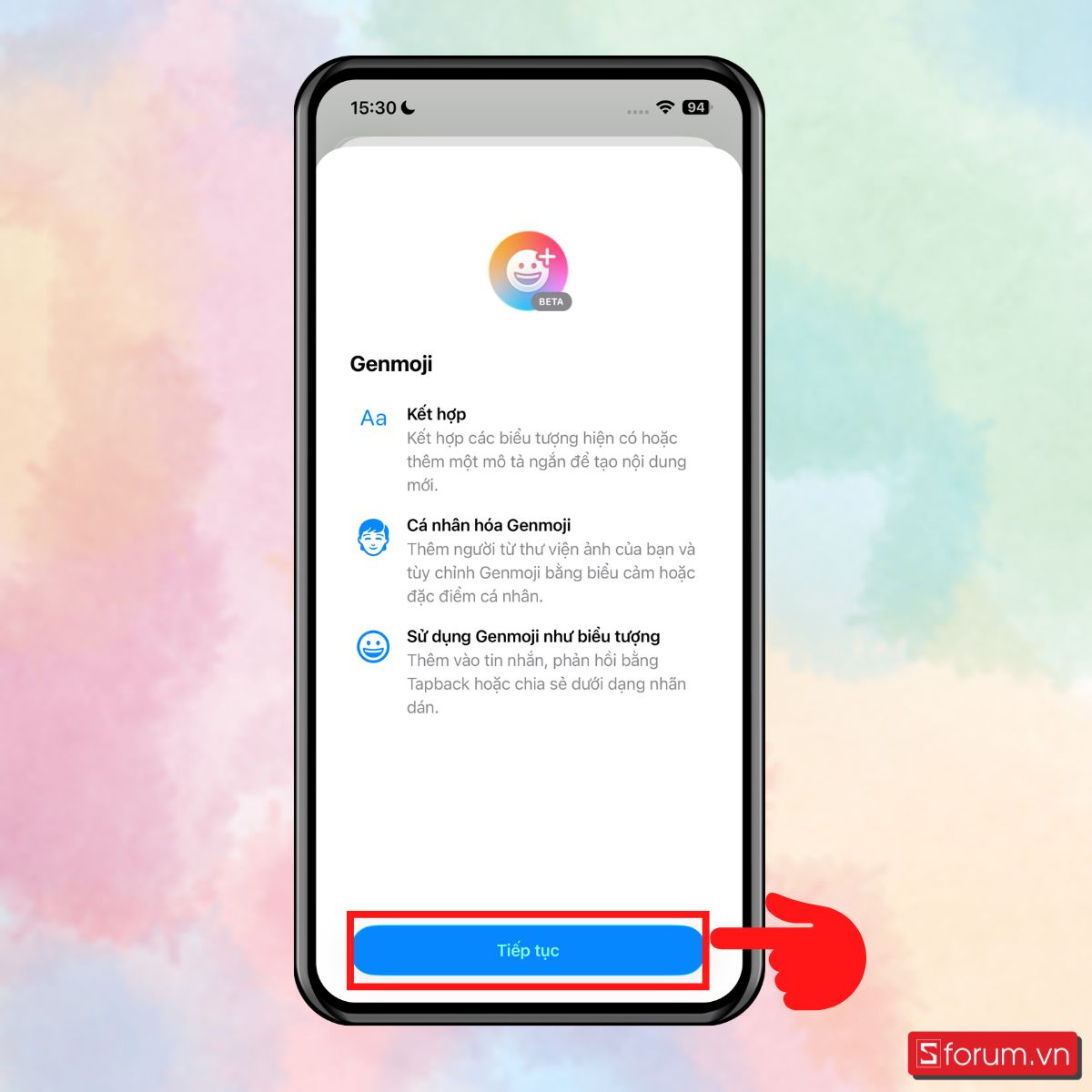 Cách tạo gemoji động cá nhân hóa với Apple Intelligence - Nhấn Tiếp tục