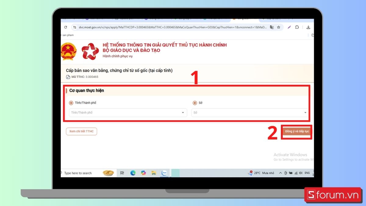 Chọn cơ quan thực hiện và điền thông tin