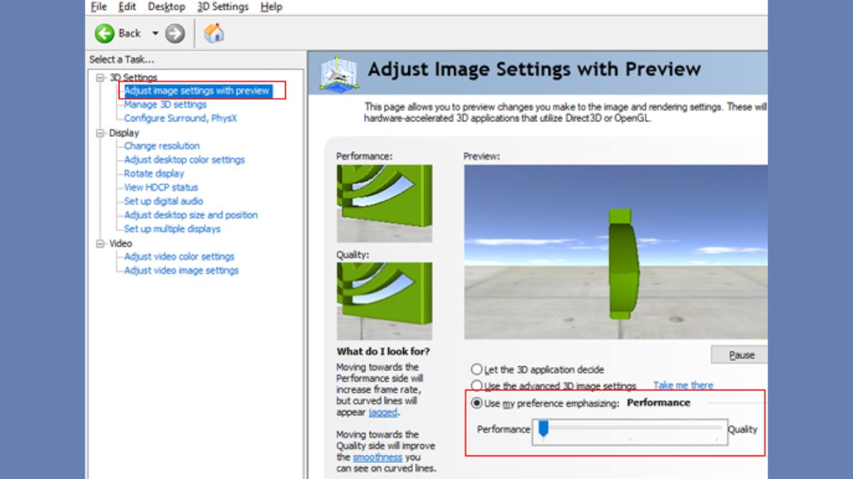 Tối ưu Card Nvidia Win 11 bằng cách Điều chỉnh mục Adjust Image Setting With Preview