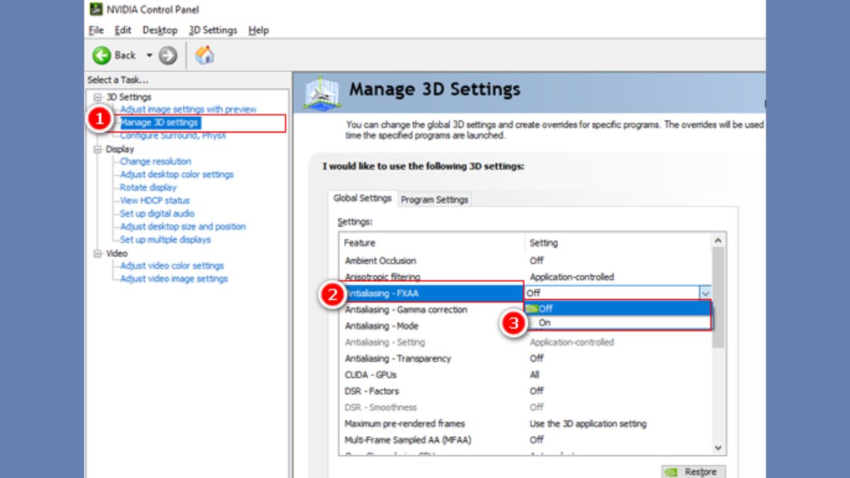 Tối ưu Card Nvida Win 11 với thiết lập nâng cao Anti Aliasing FXAA