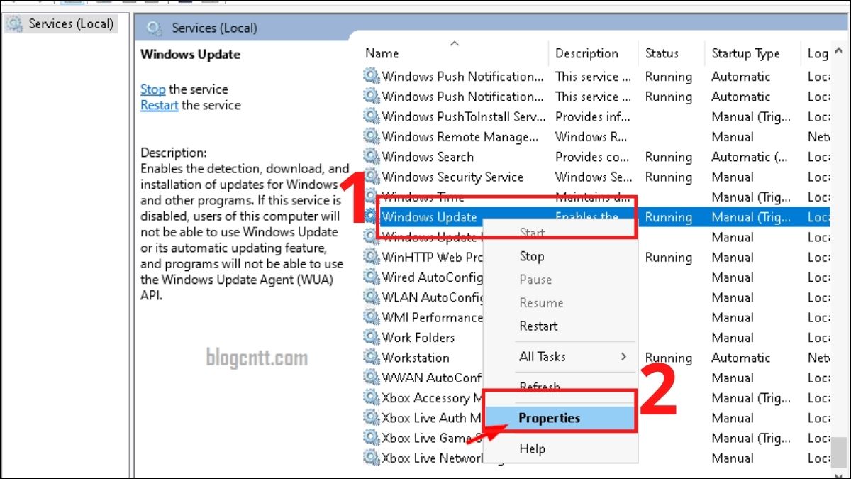 khắc phục lỗi Your device is missing important security and quality fixes bằng Khởi động lại Windows Update Service - Bước 2