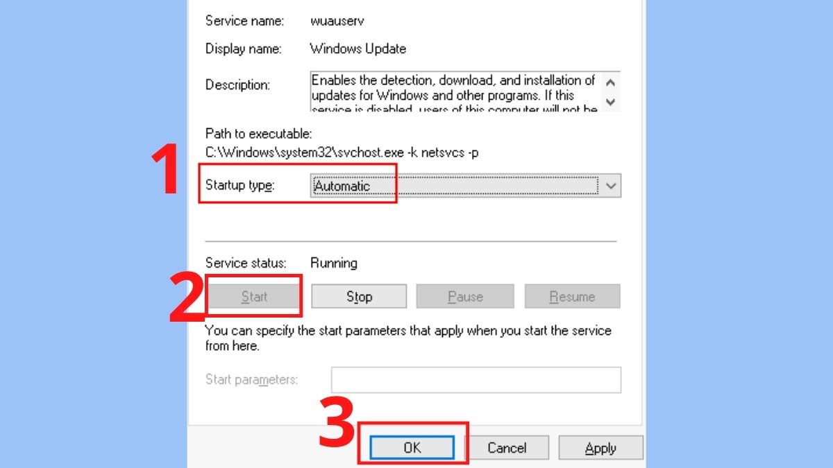 khắc phục lỗi Your device is missing important security and quality fixes bằng Khởi động lại Windows Update Service - Bước 3