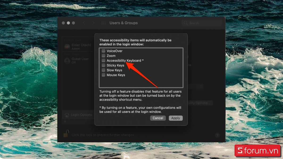 bật bàn phím ảo Macbook bằng users & groups bước 6