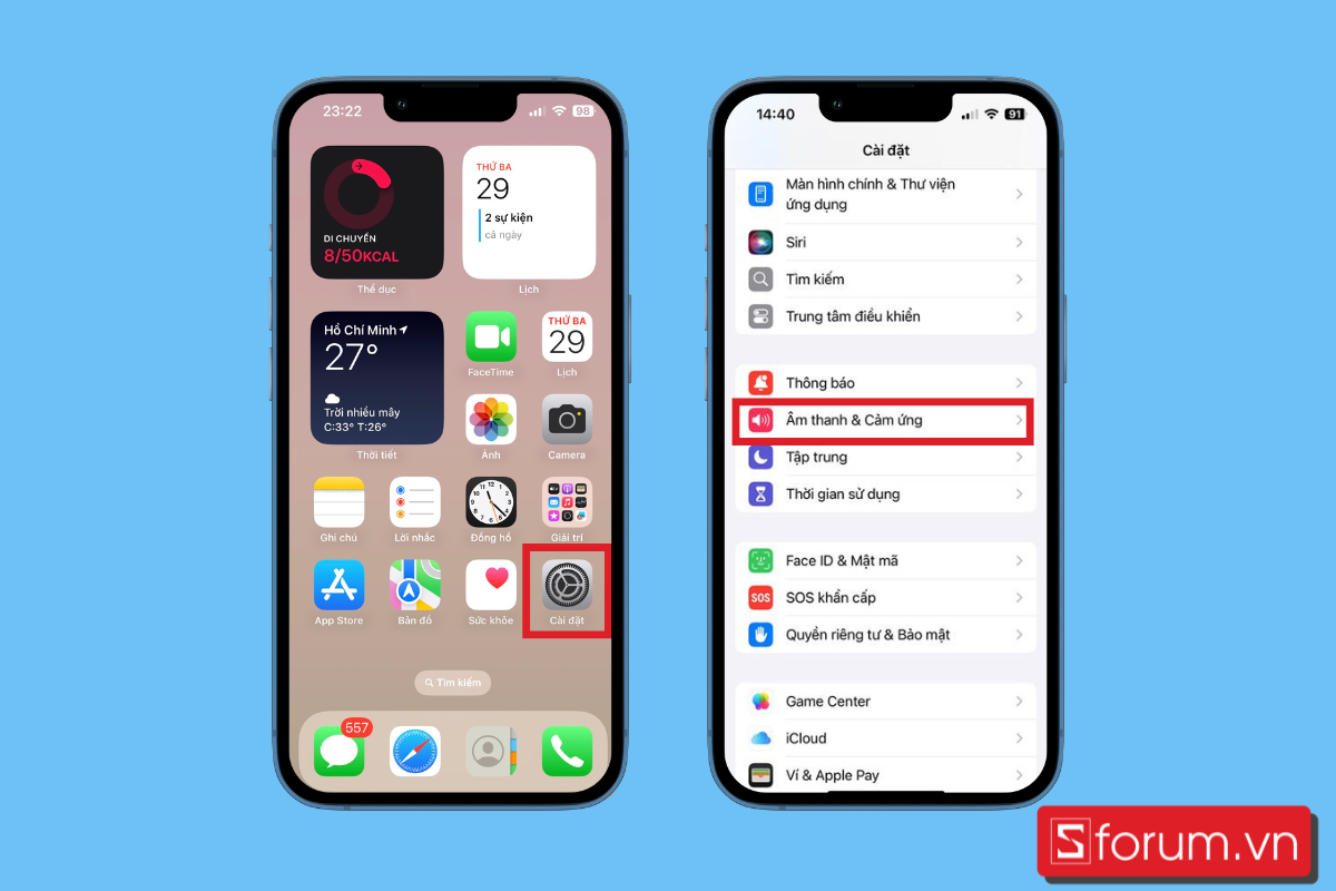 Mở Cài đặt và chọn Âm thanh & Cảm ứng để điều chỉnh chế độ rung trên iMessage