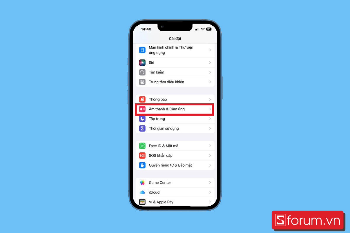 Mở âm thanh và cảm ứng để thực hiện cách bật chế độ rung iPhone