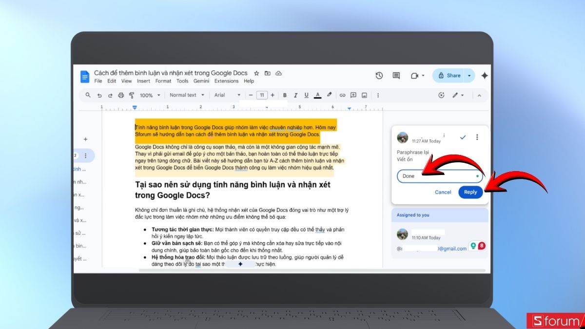 Phản hồi sau đó nhấn Reply