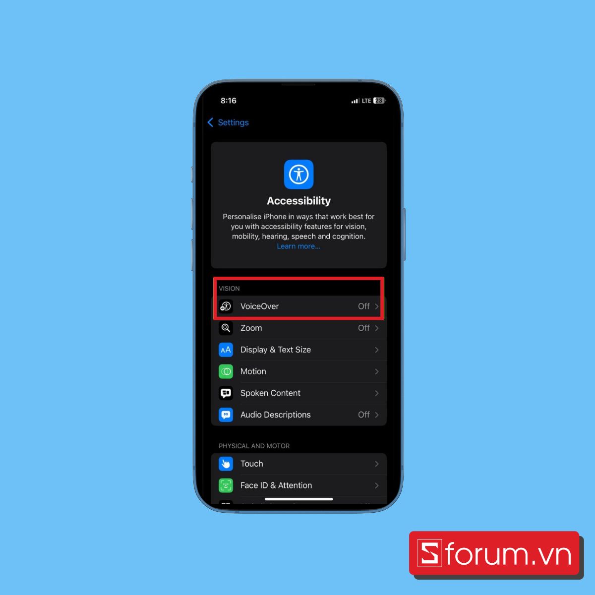 Chọn VoiceOver