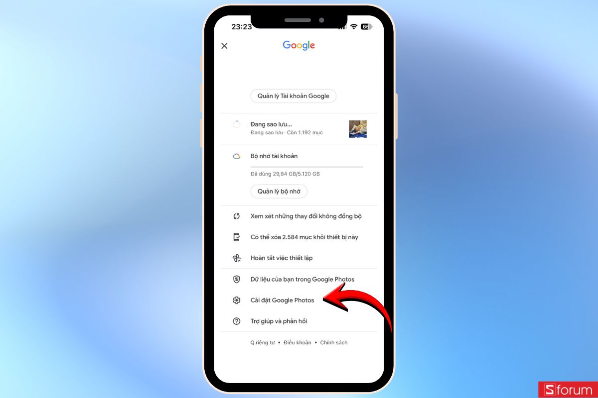 Vào cài đặt Google Photos