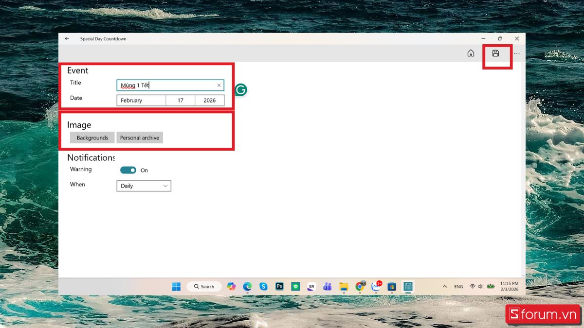 Thiết lập sự kiện đếm ngược