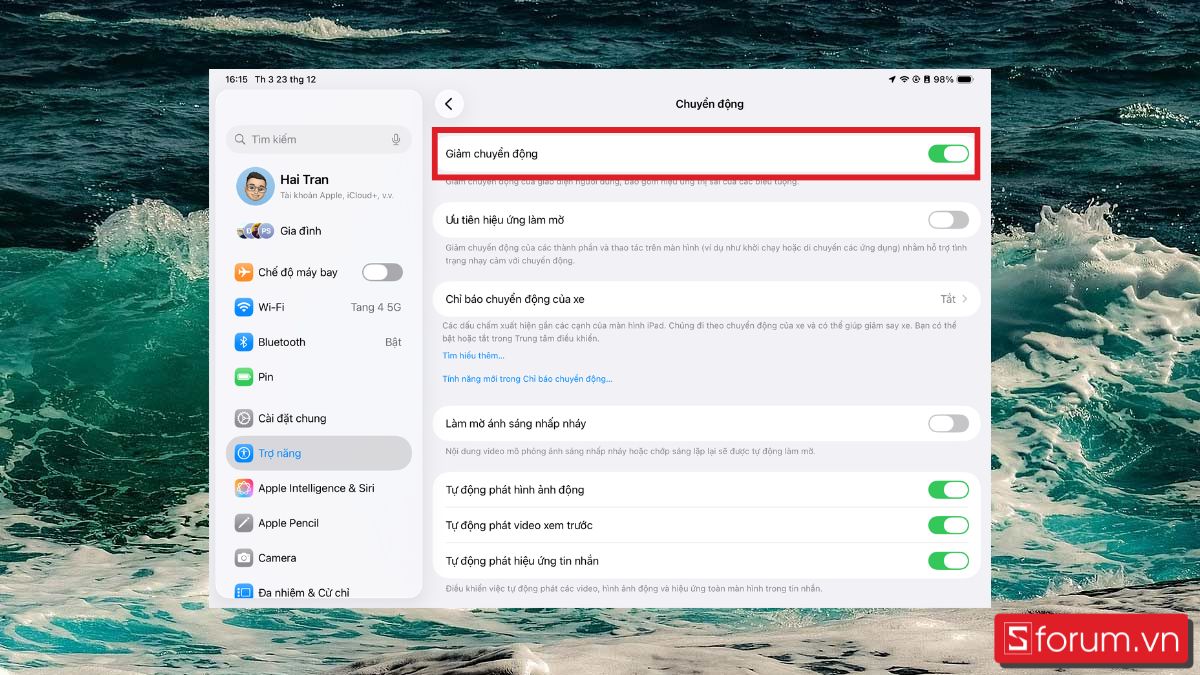 Giảm hiệu ứng chuyển động và hình nền động bước 4