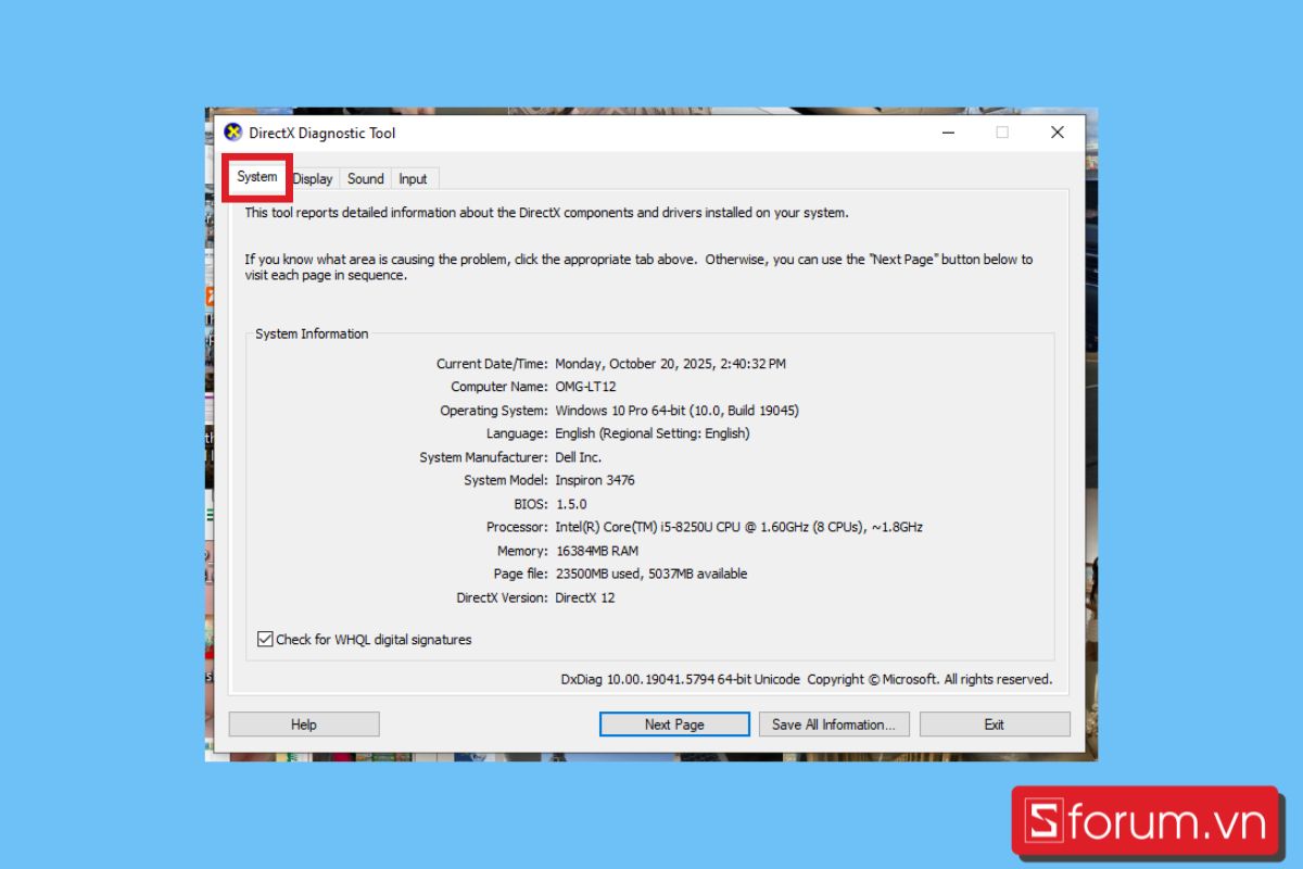 cách xem cấu hình laptop Dell bằng directx bước 3