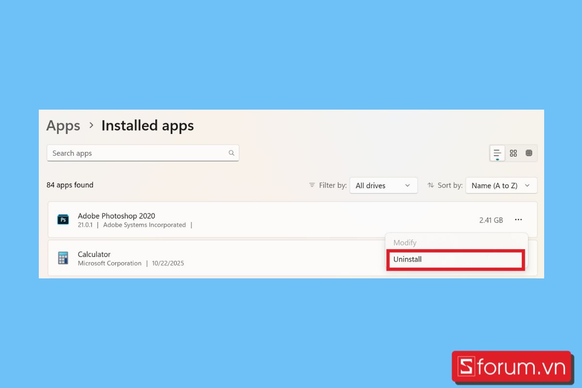 cách xóa bộ nhớ đệm trên máy tính Xoá các ứng dụng, chương trình không dùng bước 2