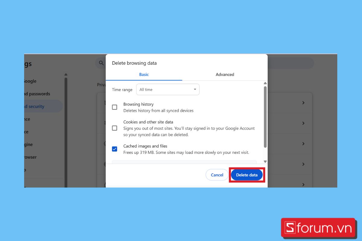 Cách xóa cache trên máy tính trình duyệt web chorme bước 3