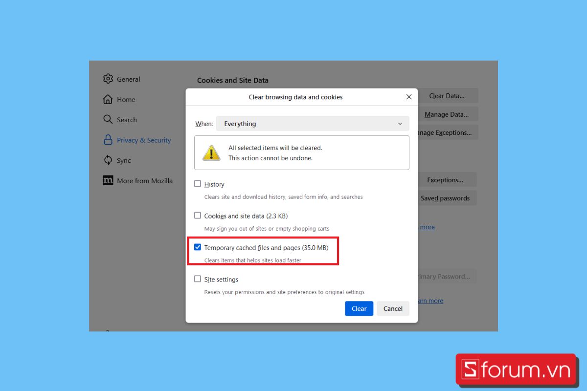 Cách xóa cache trên máy tính trình duyệt web Firefox bước 2