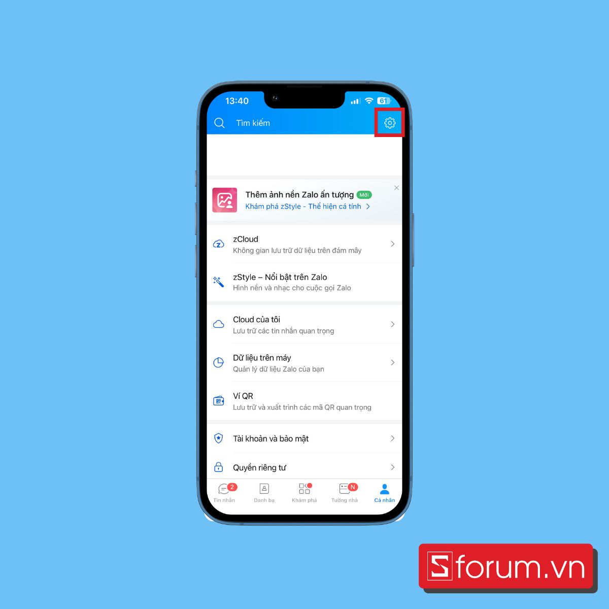 Vào Cài đặt ở góc phải màn hình