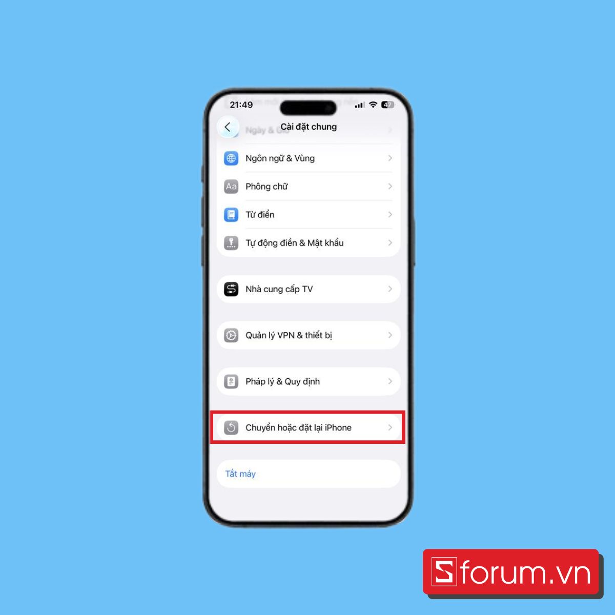 Chọn tiếp vào Chuyển hoặc đặt lại iPhone