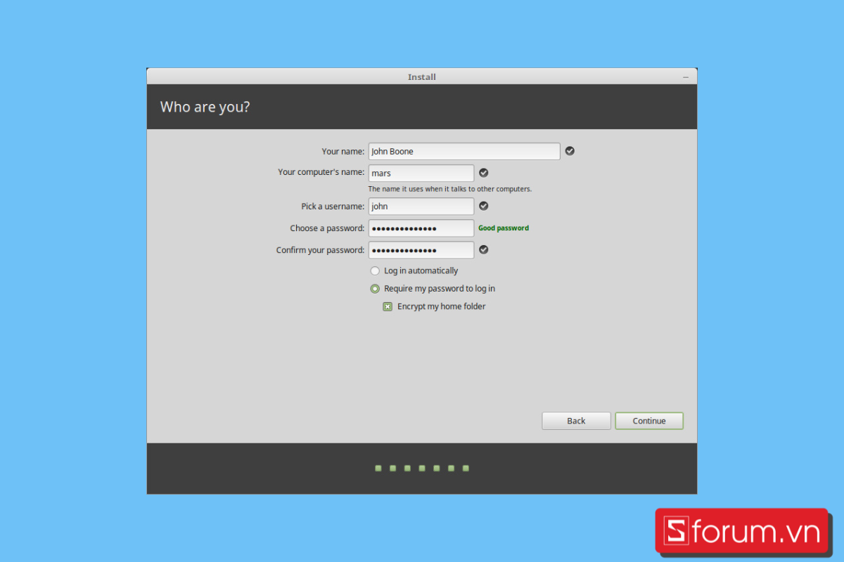 Thiết lập thông tin người dùng Linux Mint