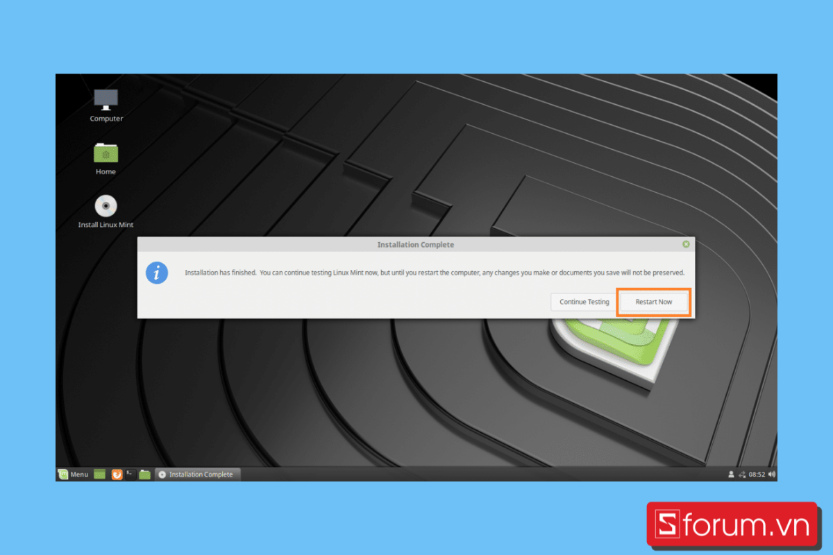 Khởi động lại Linux Mint sau khi cài đặt