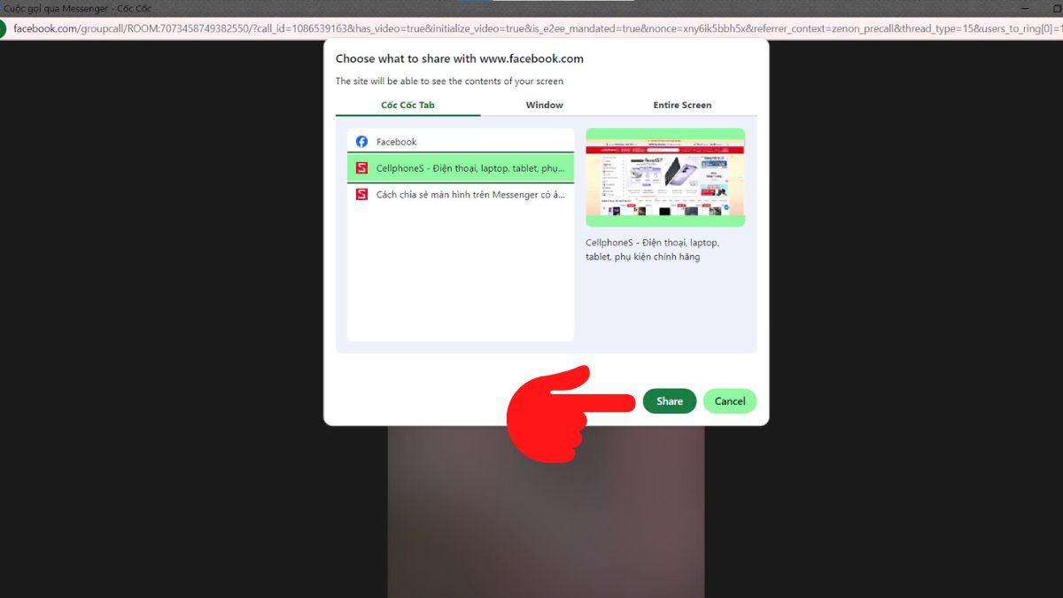 Chia sẻ màn hình theo nhu cầu của mình và nhấn Share