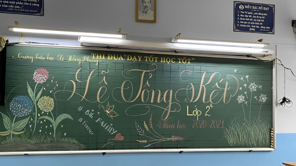 Trang trí bảng tổng kết năm học nhiều màu với họa tiết hoa