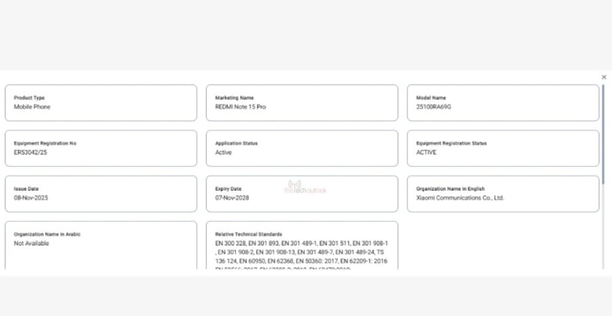 Redmi Note 15 Pro 4G đạt chứng nhận TDRA