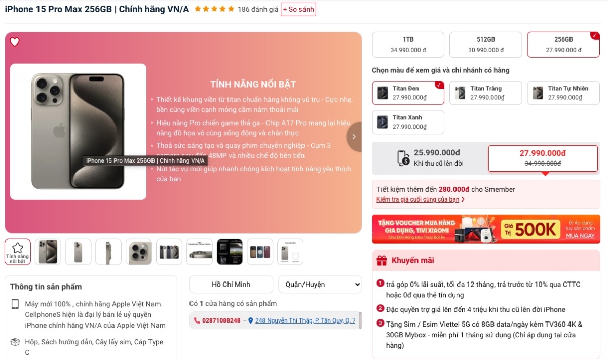 iPhone 15 Pro Max hiện đang có mức giá 27.99 triệu đồng