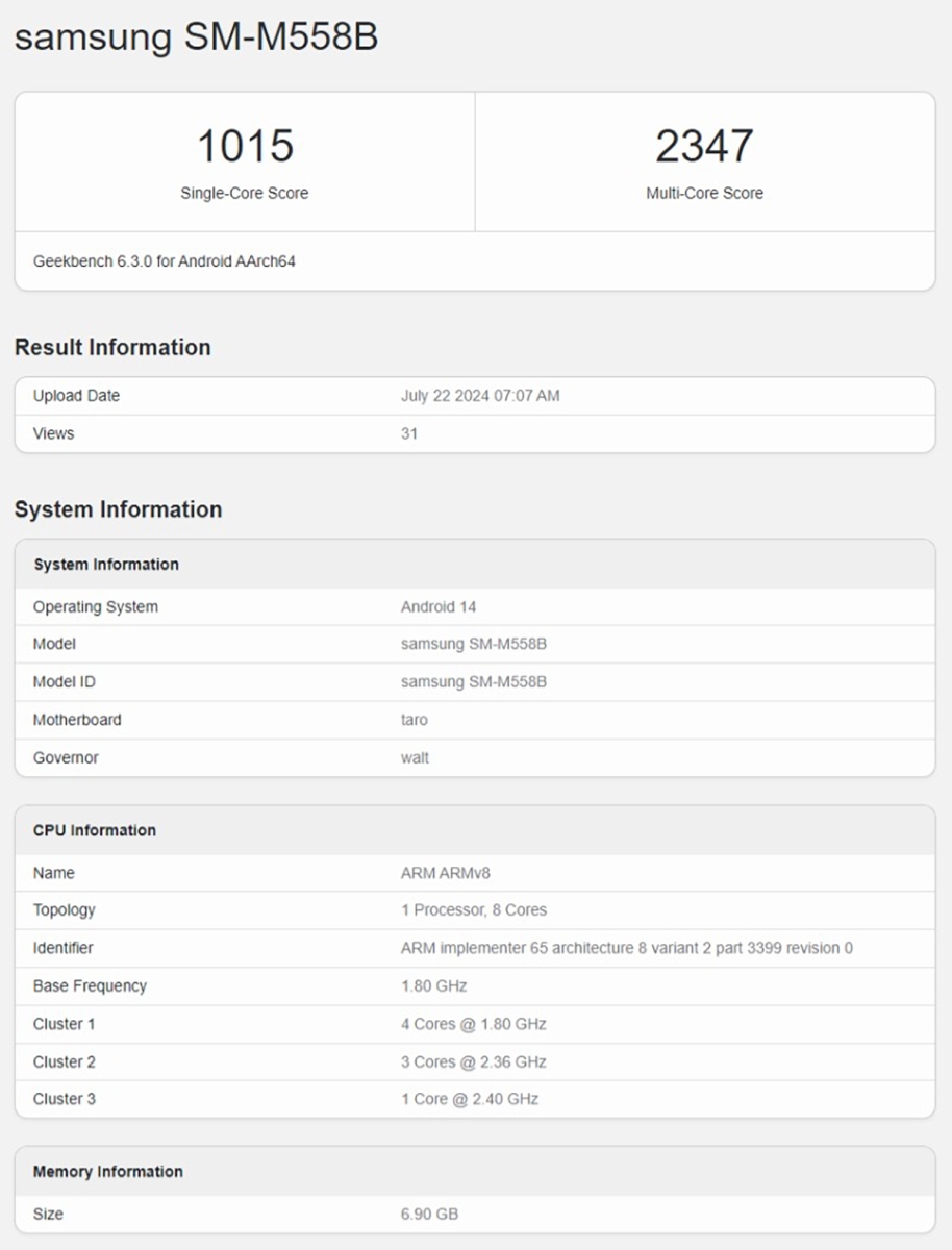 Galaxy M55s được phát hiện trên Geekbench