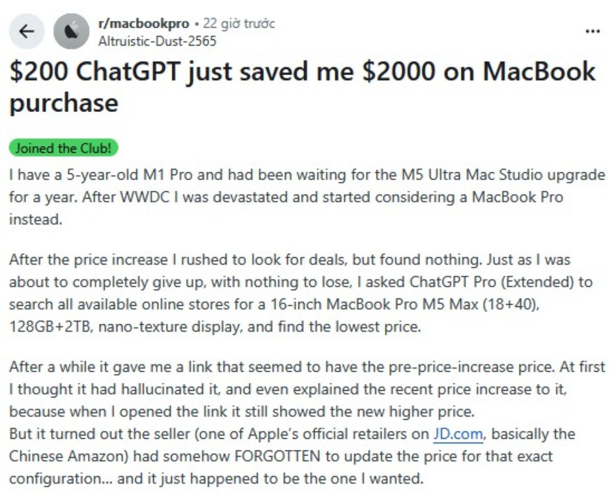 Nhờ ChatGPT Pro, một người dùng đã tiết kiệm số tiền lớn khi mua MacBook Pro M5 Max