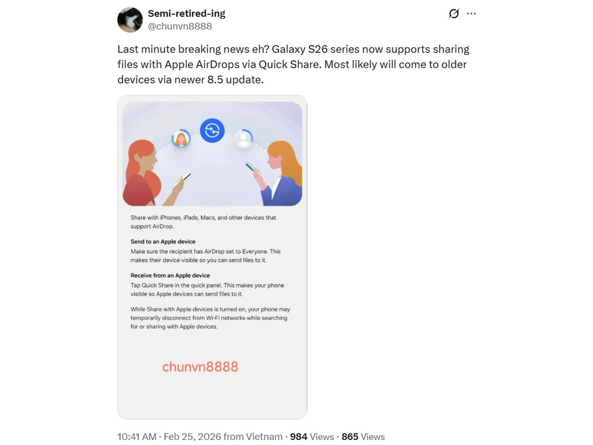 Dòng Galaxy S26 có thể tương thích AirDrop 