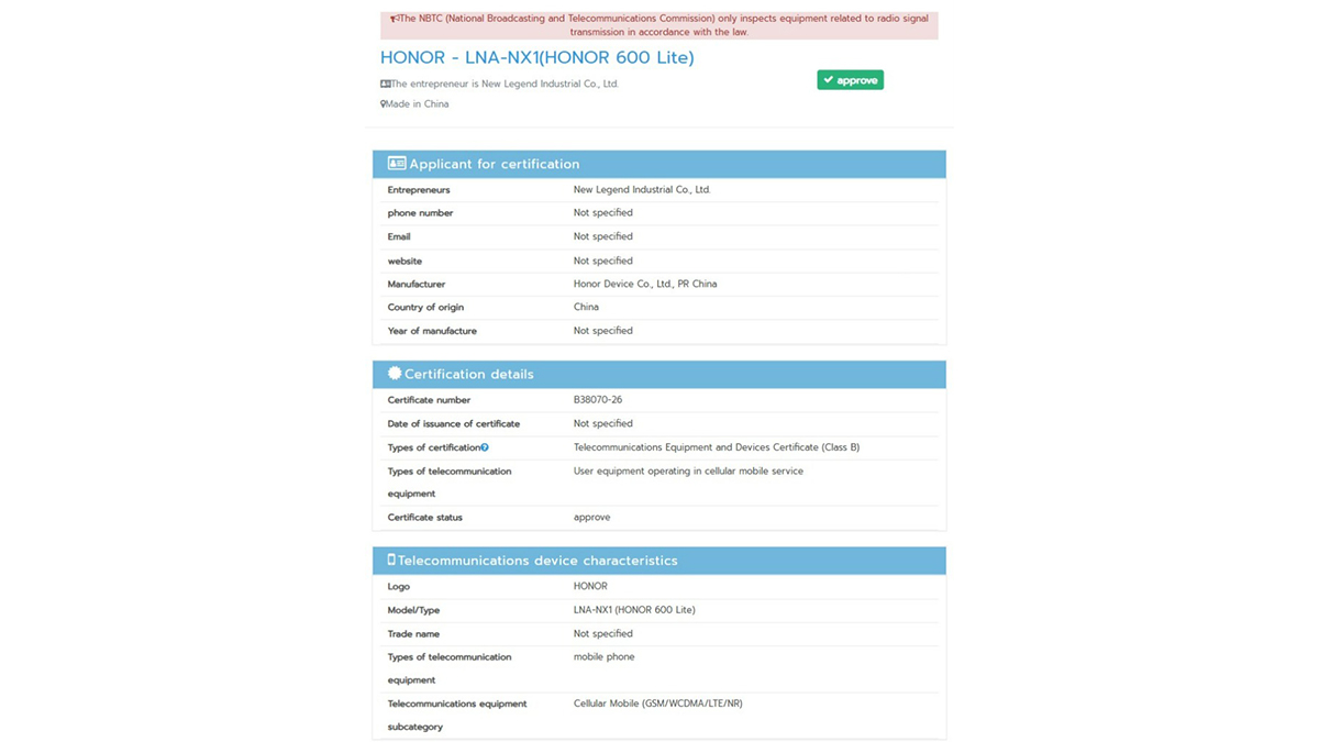 HONOR 600 Lite đạt nhiều chứng nhận khác nhau