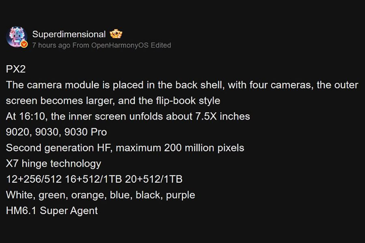 Huawei Pura X2 sẽ có màn hình chính lớn hơn và camera 200MP