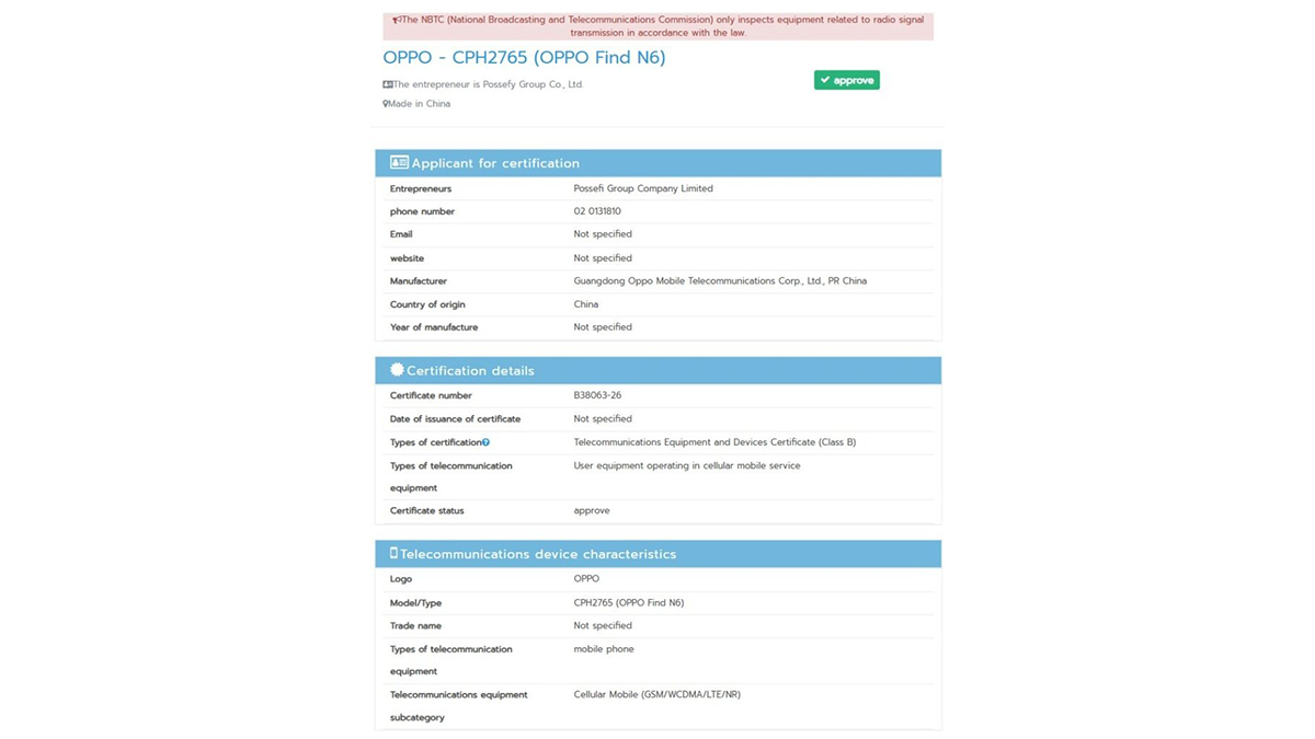 OPPO Find N6 đạt chứng nhận NBTC