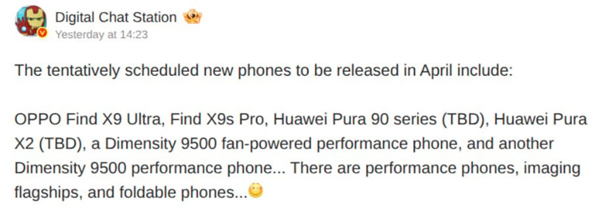 Huawei Pura 90 Series, Pura X2, OPPO Find X9 Ultra sẽ ra mắt vào tháng 4 tới