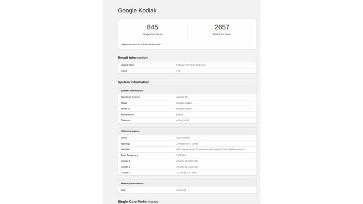Pixel 11 được thử nghiệm hiệu năng trên Geekbench
