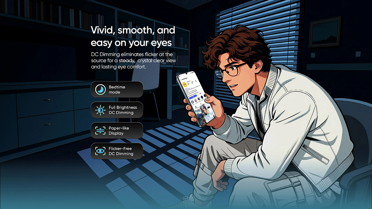 Màn hình realme Narzo 100 Lite 5G có nhiều chế độ bảo vệ mắt người dùng