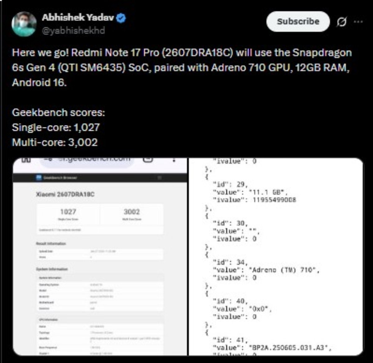 Redmi Note 17 Pro lộ hiệu suất ấn tượng trên Geekbench
