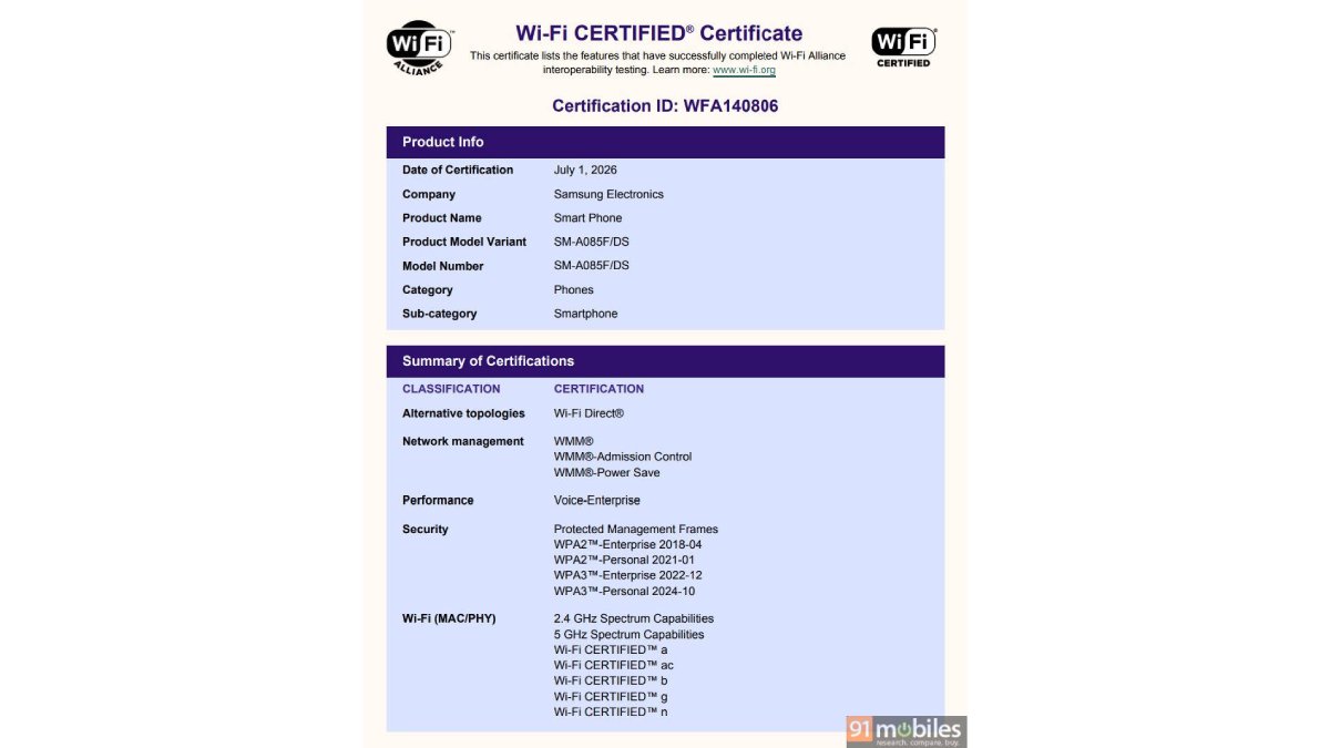Galaxy A08 đạt chứng nhận Wi-Fi, ngày ra mắt cận kề