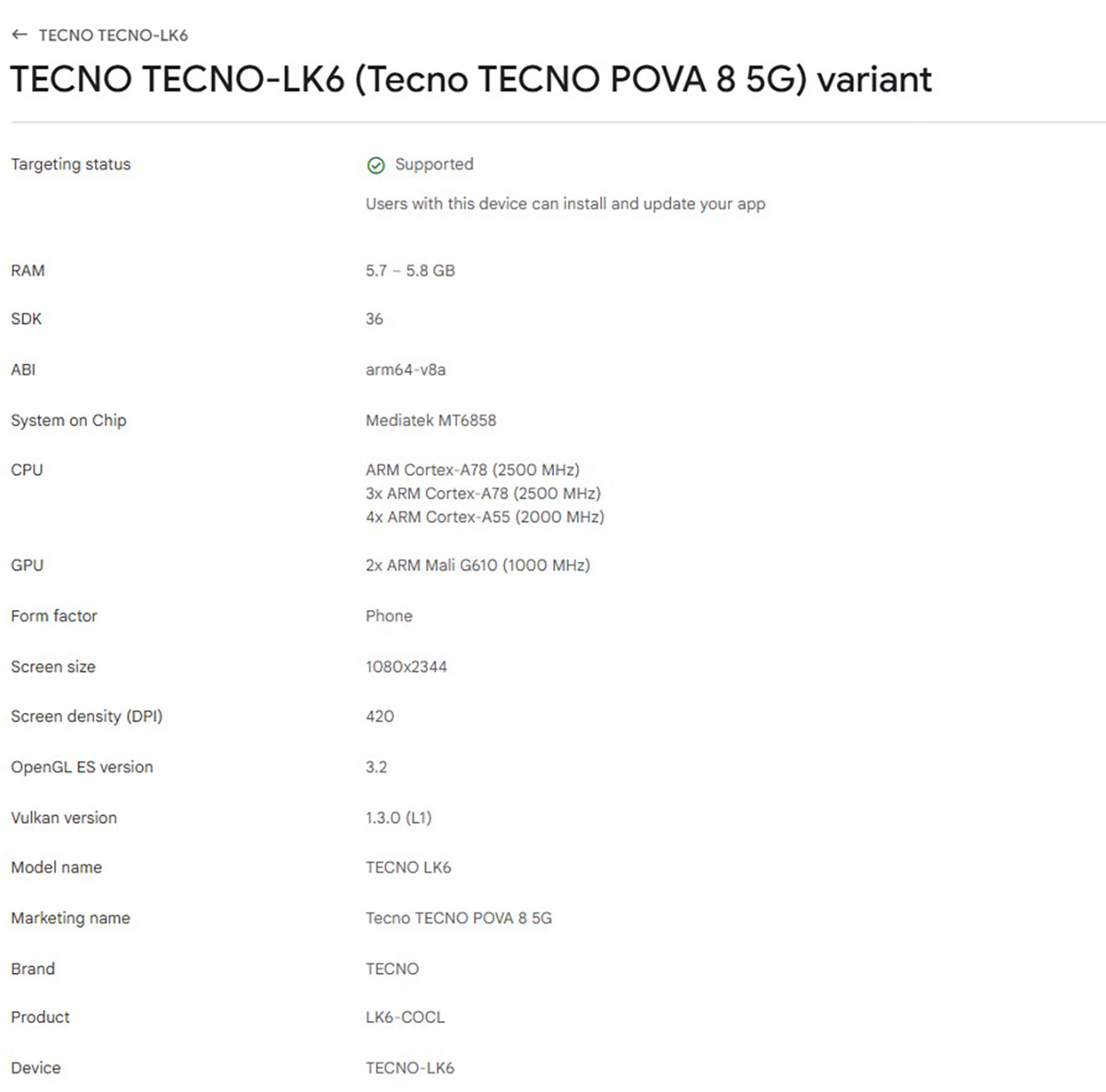 Tecno Pova 8 5G xuất hiện trên danh sách Google Play Console