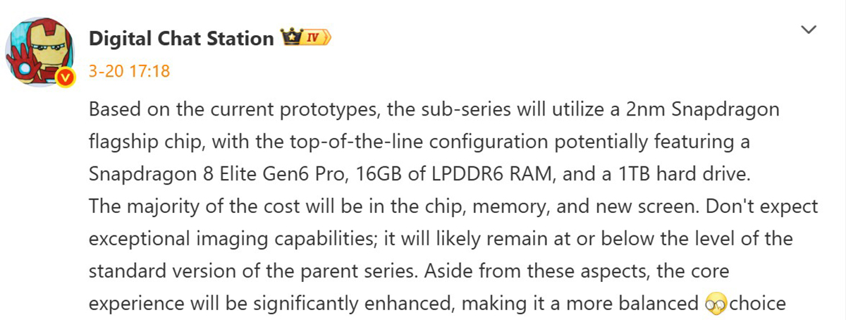 Digital Chat Station tiết lộ thông tin cấu hình của Redmi K100 Pro Max