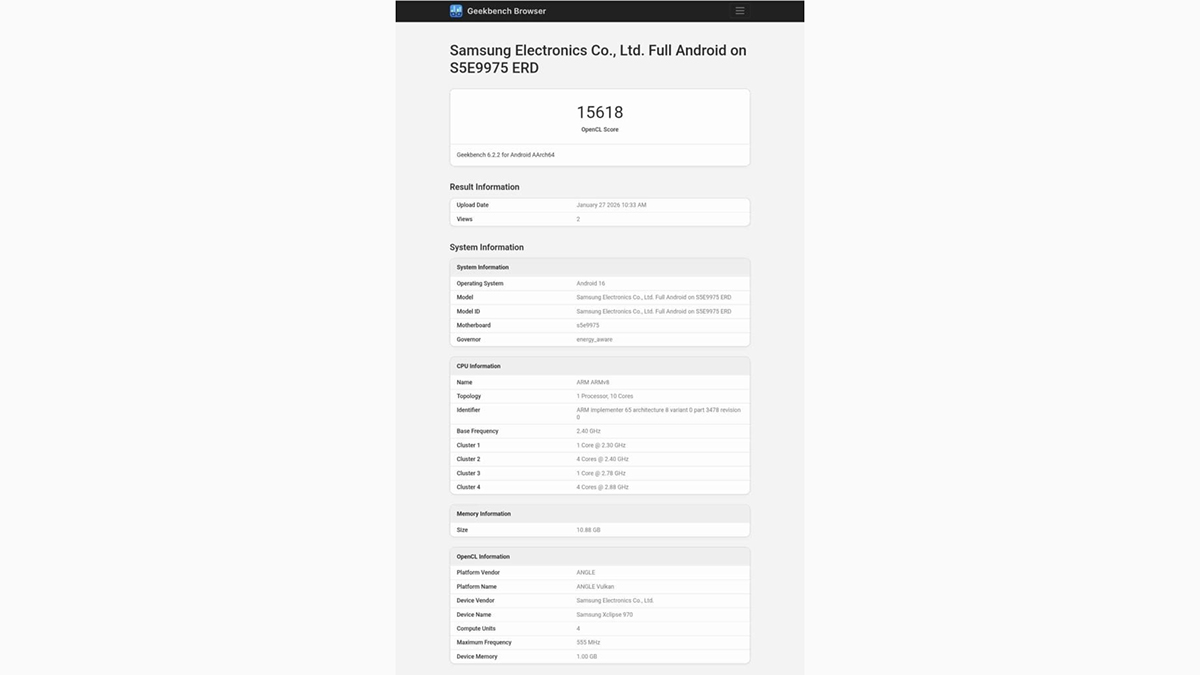 Hiệu suất của Exynos 2700 được phát hiện trên Geekbench