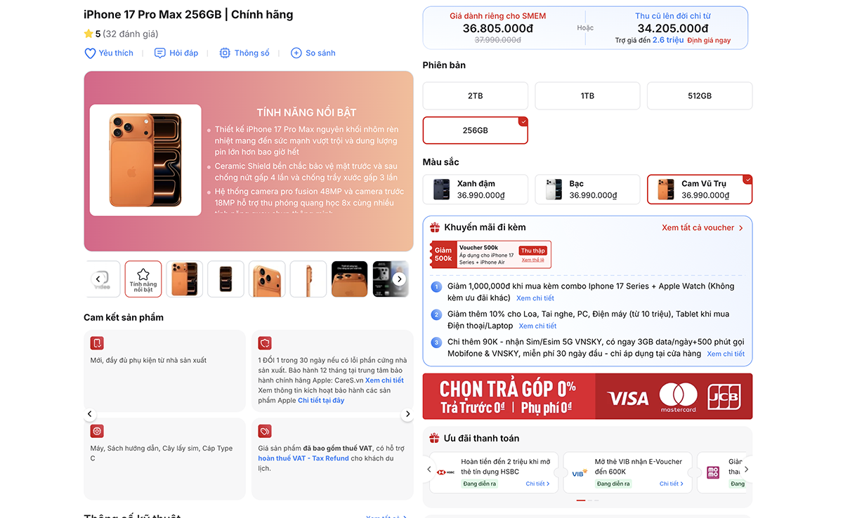 Giá iPhone 17 Pro Max bản màu Cam Vũ Trụ đang cực tốt