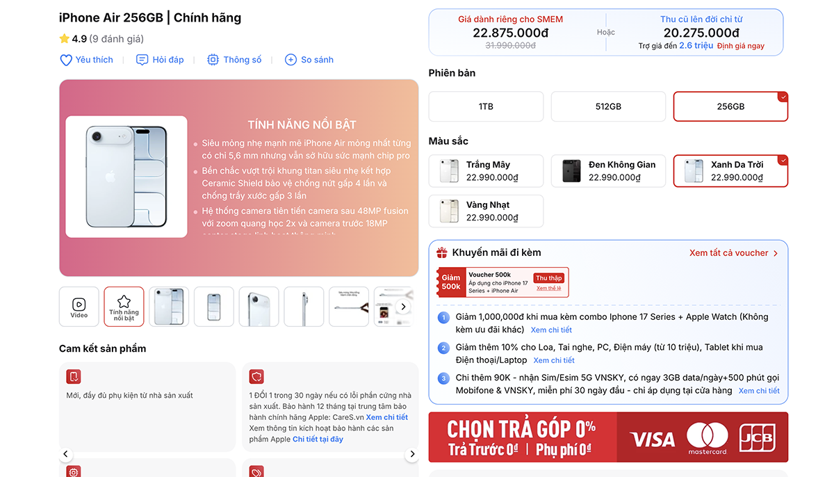 Giá iPhone Air giảm sâu so với thời điểm ra mắt