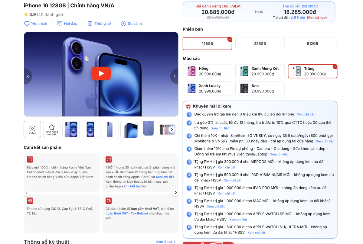 Giá iPhone 16 tại CellphoneS hiện chỉ còn từ 18.99 triệu đồng