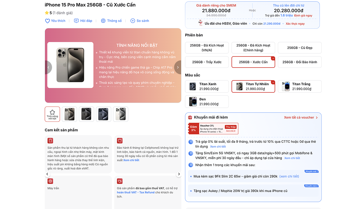 iPhone 15 Pro Max cũ đang có giá cự tốt tại CellphoneS